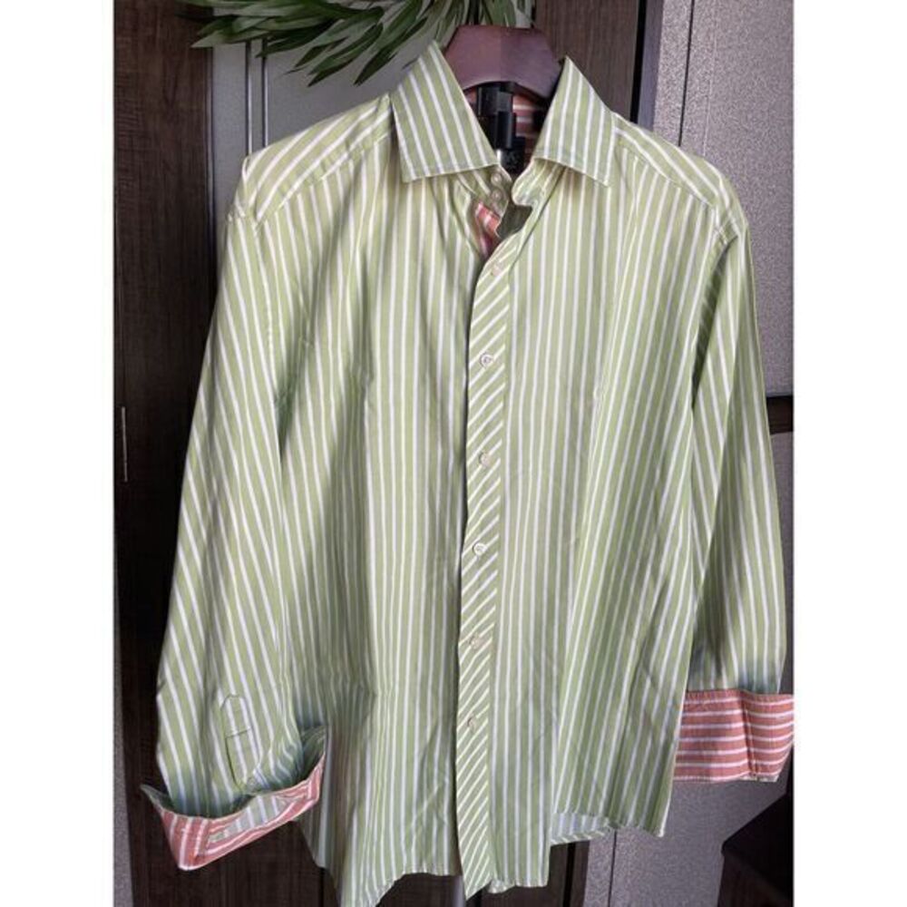 MENS ROBERT GRAHAM LONG SLEEVE GREEN/WHITE STRIPED BUTTON DOWN SHIRT SIZE XL
